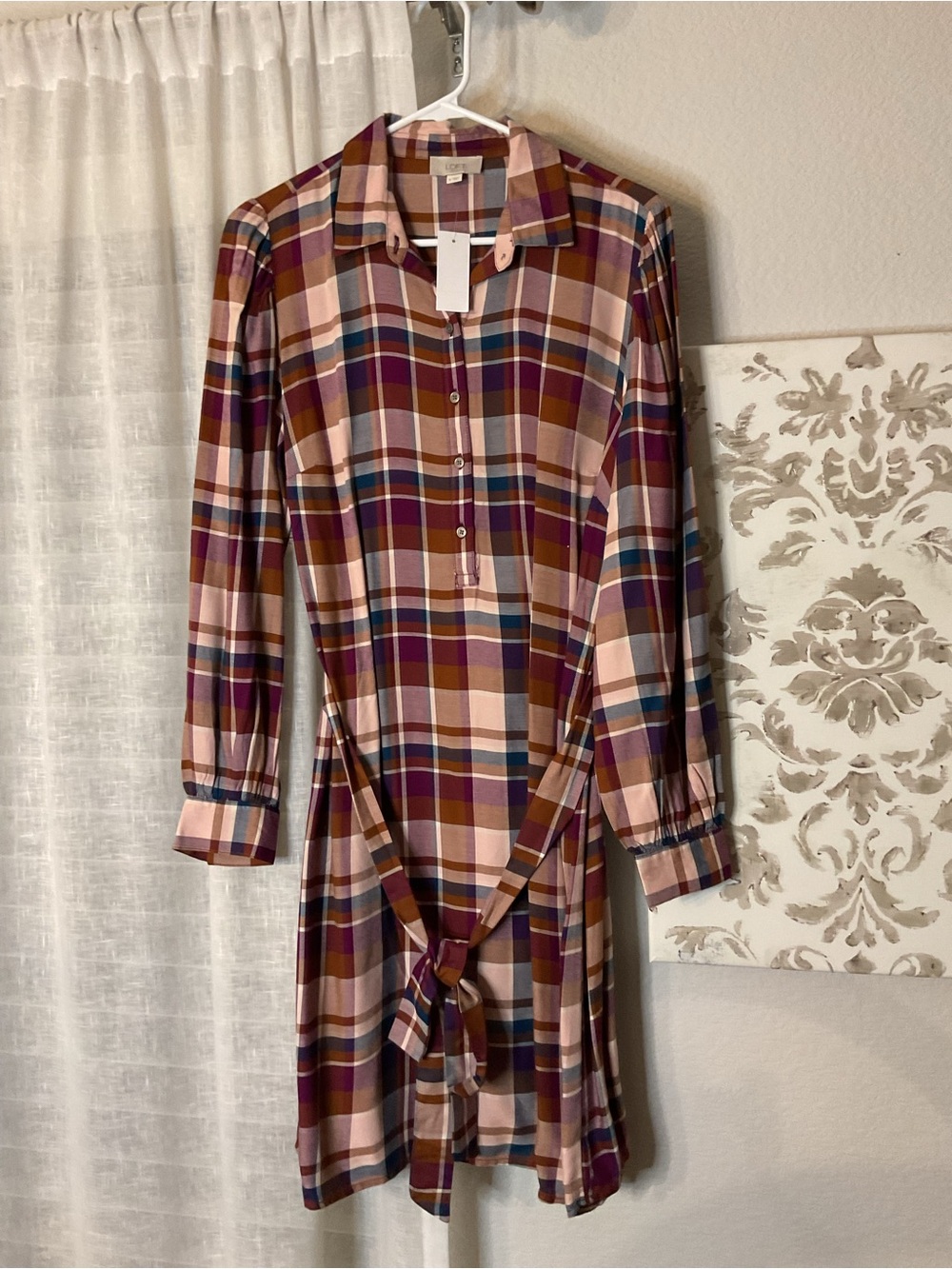 LOFT Pink, Brown and Purple Plaid Long-Sleeve Shirt Dress